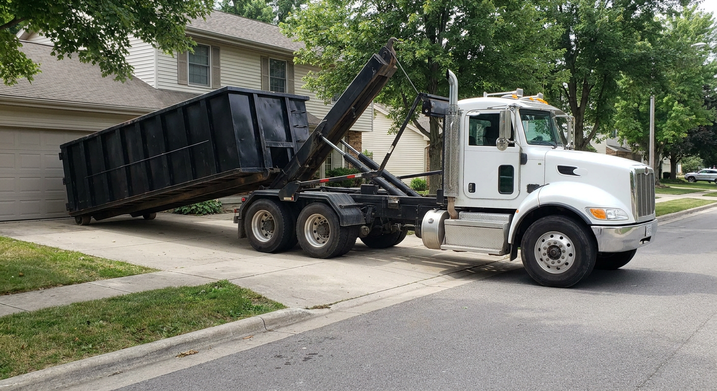 White-cab hooklift roll-off truck actively lowering a matte-black dumpster onto a Phoenix residential concrete driveway, the dumpster's rear wheels touching the driveway as the hoist arm tilts the bed forward, mid-morning daylight.